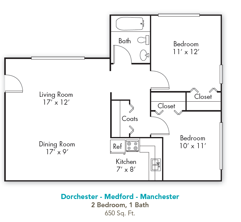 Floor plan for 2 beds, 1 bath, 650 sqft